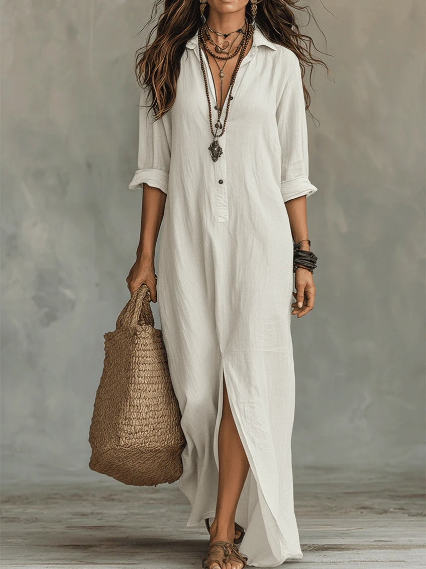 Colombe | Robe longue chemise boutonnée à fente latérale