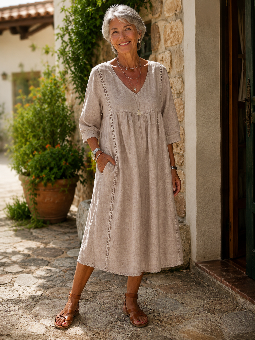 Aurélie | Robe ample en lin et coton avec dentelle