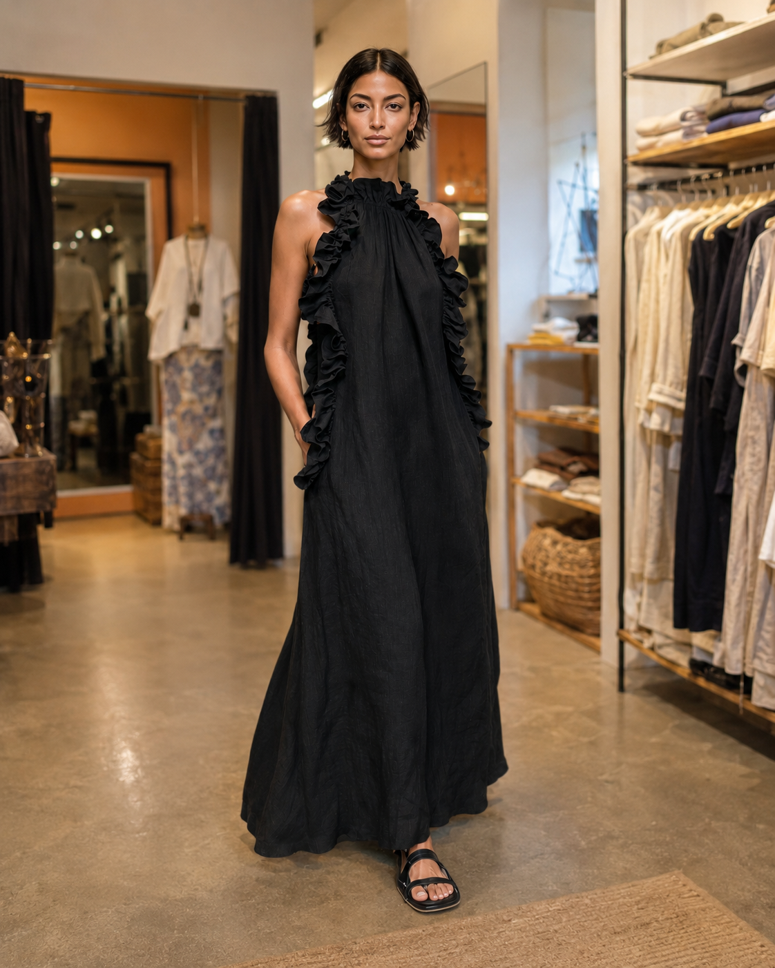 Hélène | Robe longue en lin sans manches à volants