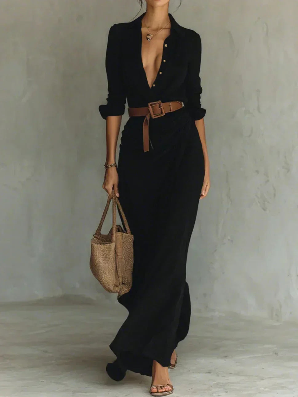 Sidonie | Robe longue à revers et ceinture à la taille