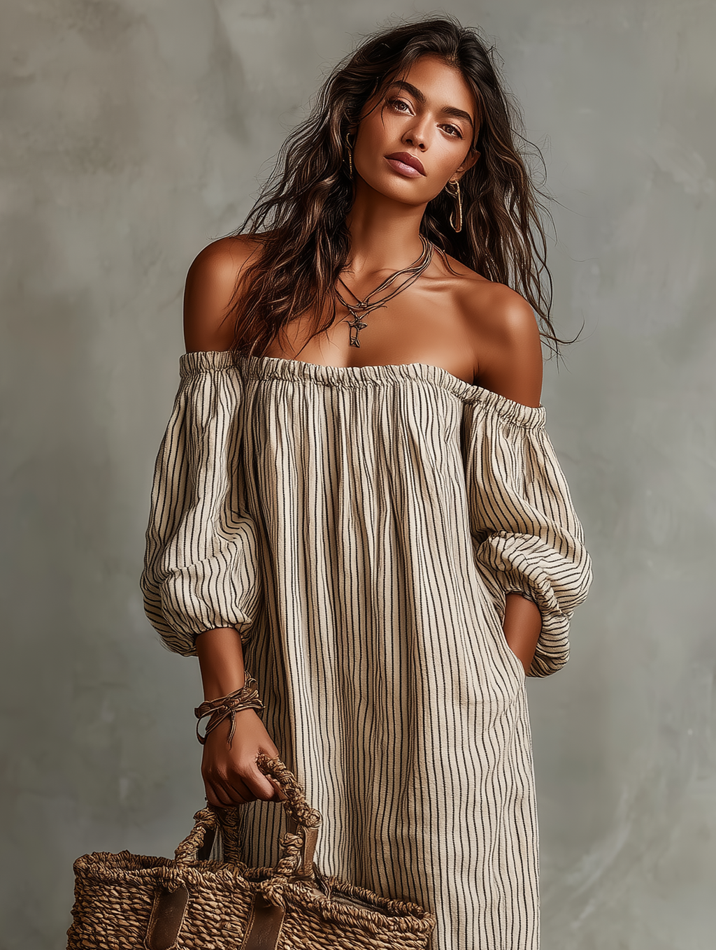 Carmen | Robe longue en coton et lin à épaules dénudées