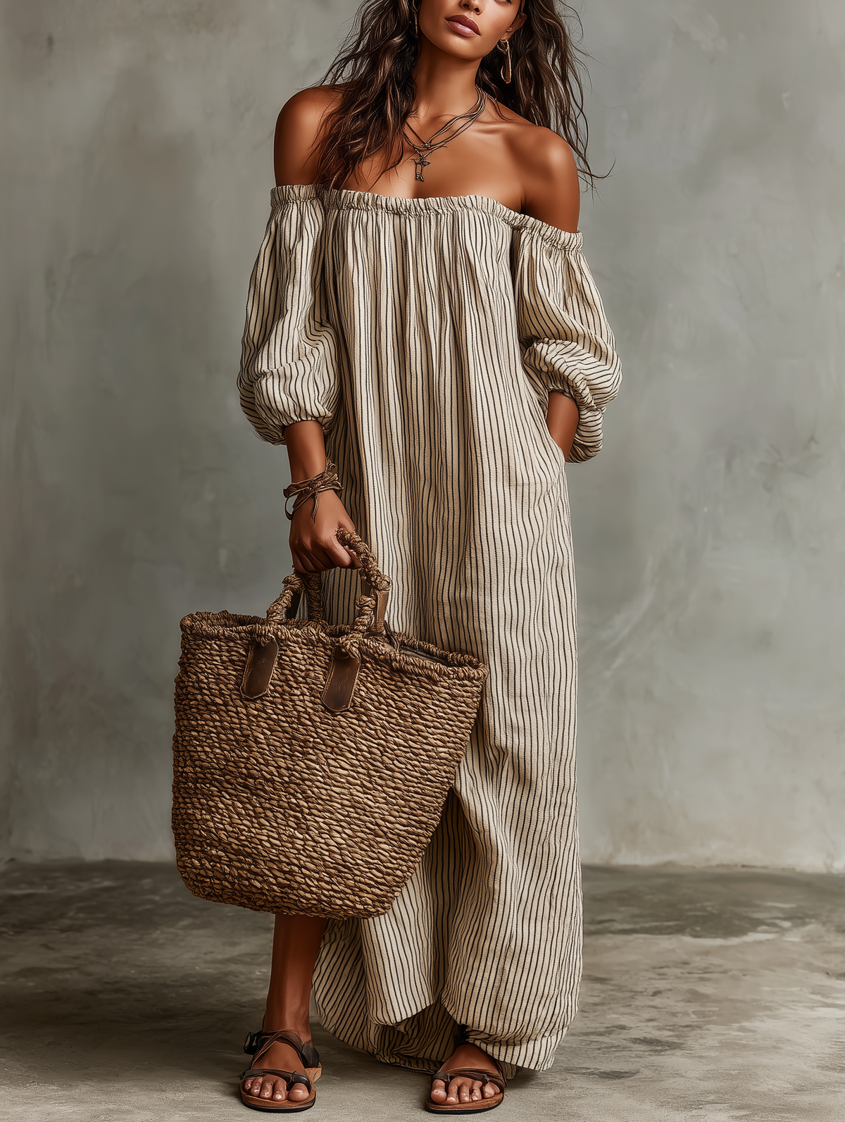 Carmen | Robe longue en coton et lin à épaules dénudées