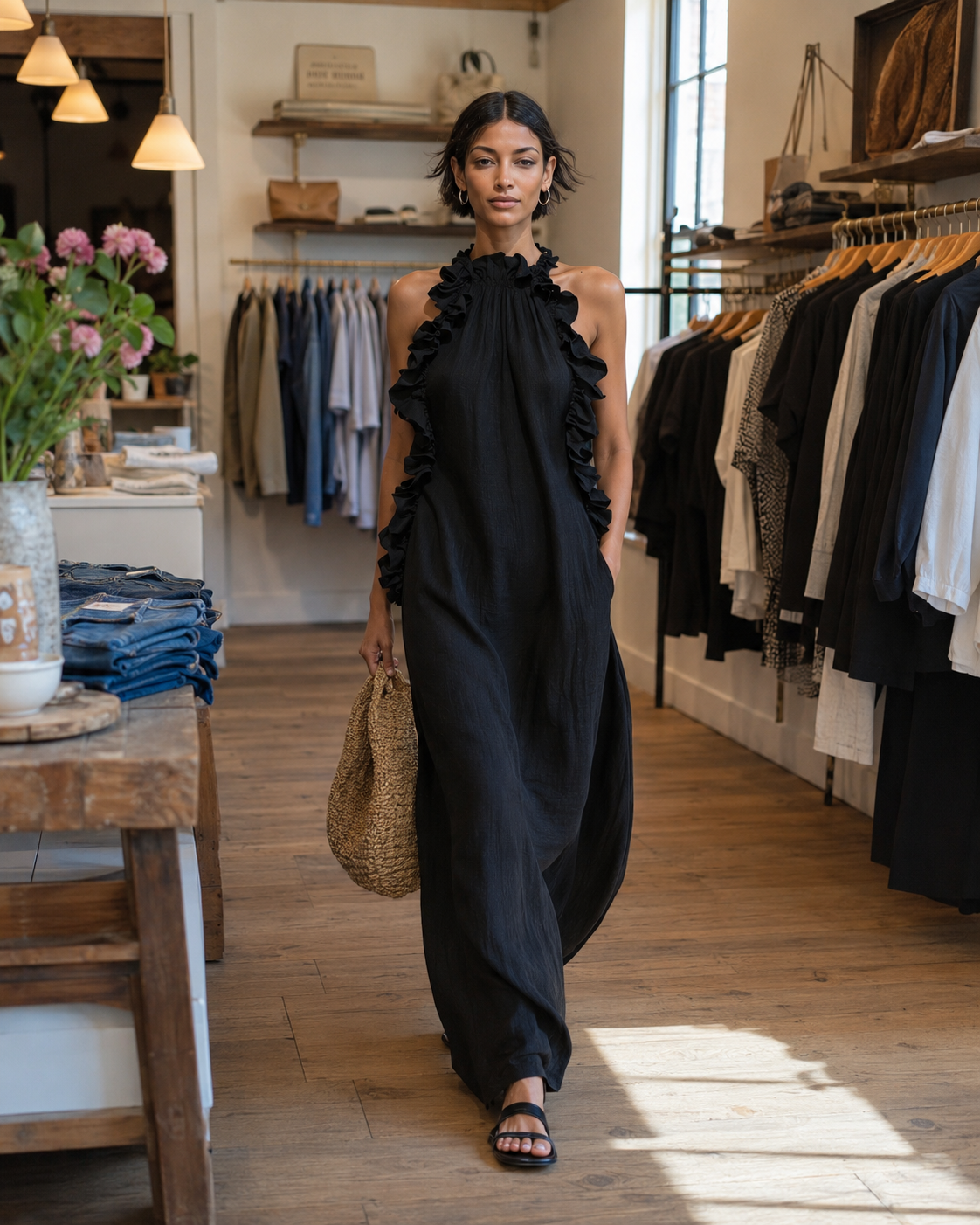 Hélène | Robe longue en lin sans manches à volants
