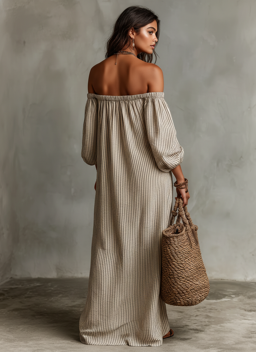 Carmen | Robe longue en coton et lin à épaules dénudées
