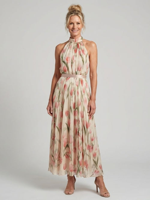 Aurore | Robe mi-longue fleurie à col montant