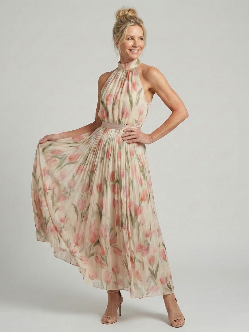 Aurore | Robe mi-longue fleurie à col montant