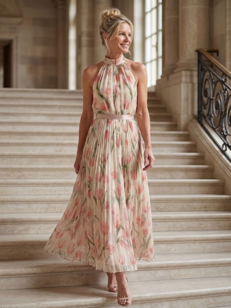 Aurore | Robe mi-longue fleurie à col montant
