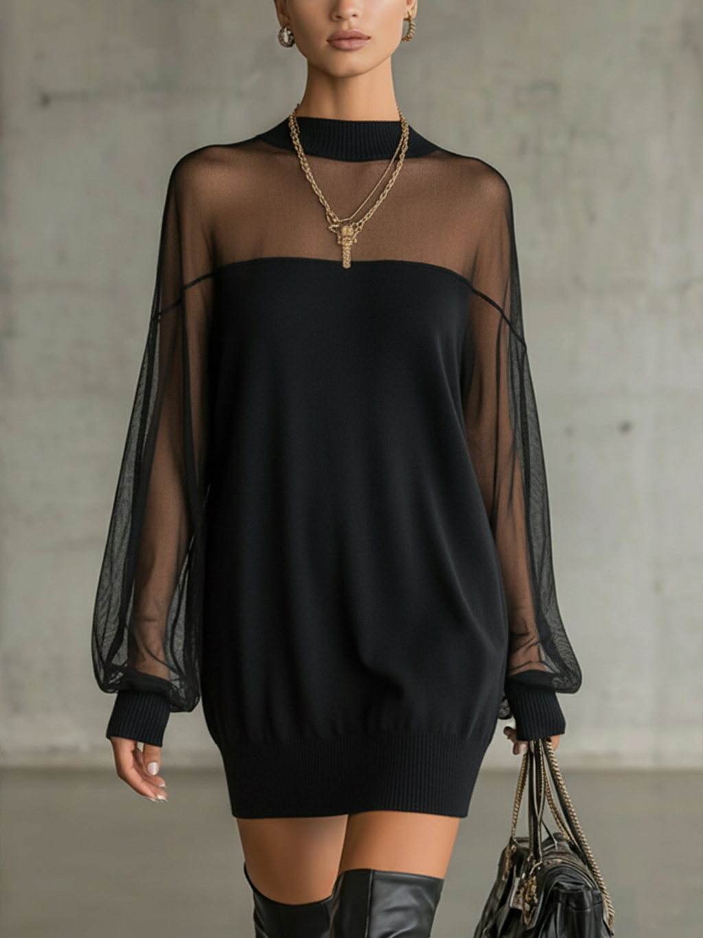 Capucine | Robe courte noire à manches en résille
