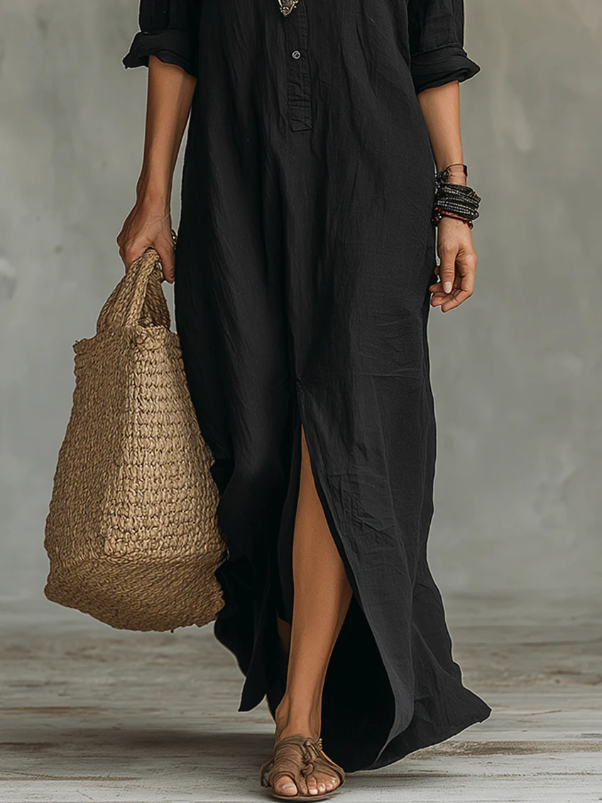 Colombe | Robe longue chemise boutonnée à fente latérale