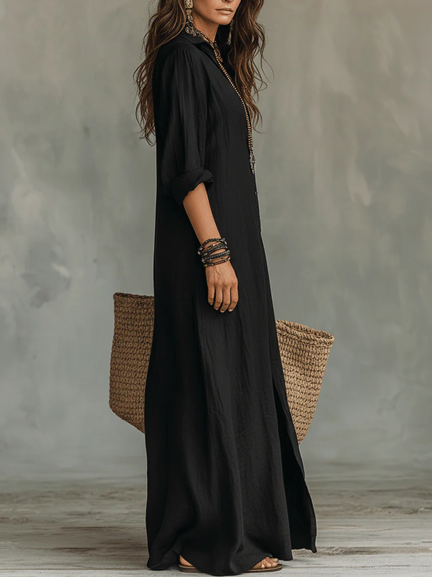 Colombe | Robe longue chemise boutonnée à fente latérale