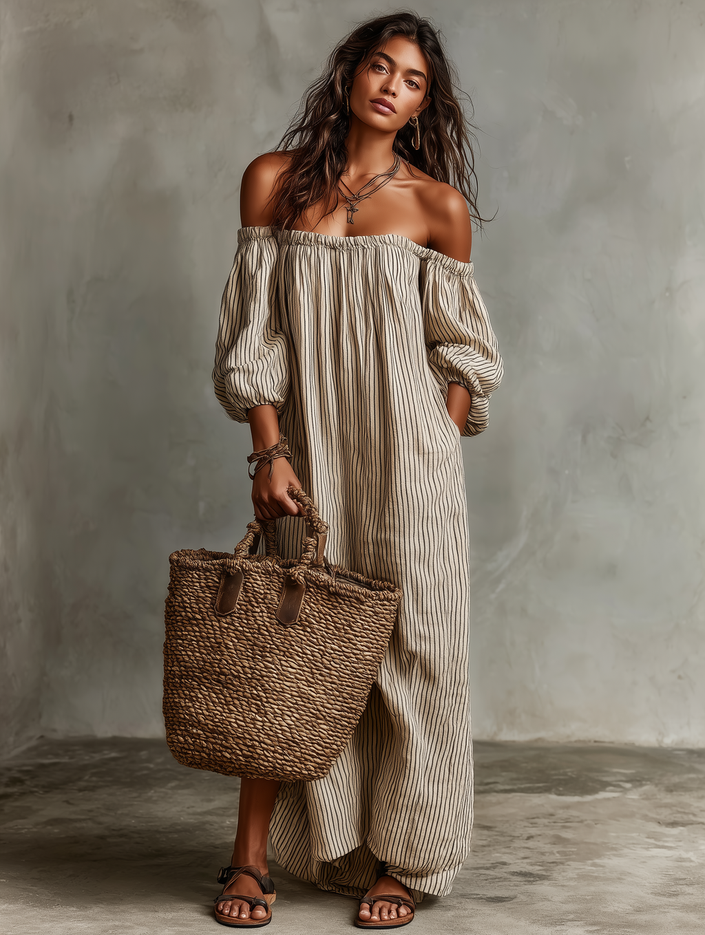 Carmen | Robe longue en coton et lin à épaules dénudées