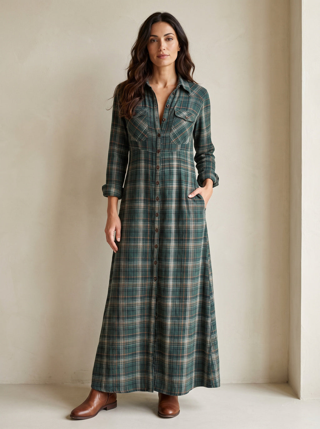 Cécilia | Robe-chemise longue à carreaux