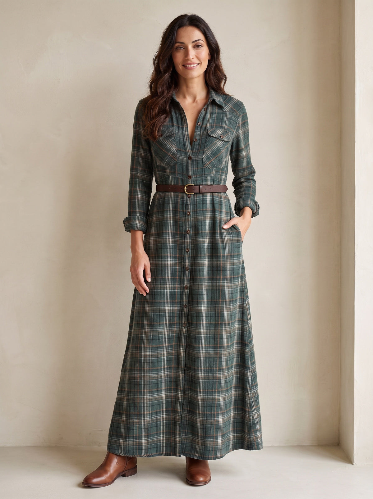 Cécilia | Robe-chemise longue à carreaux