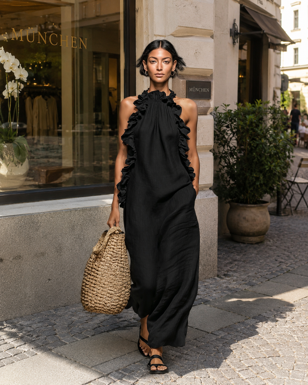Hélène | Robe longue en lin sans manches à volants
