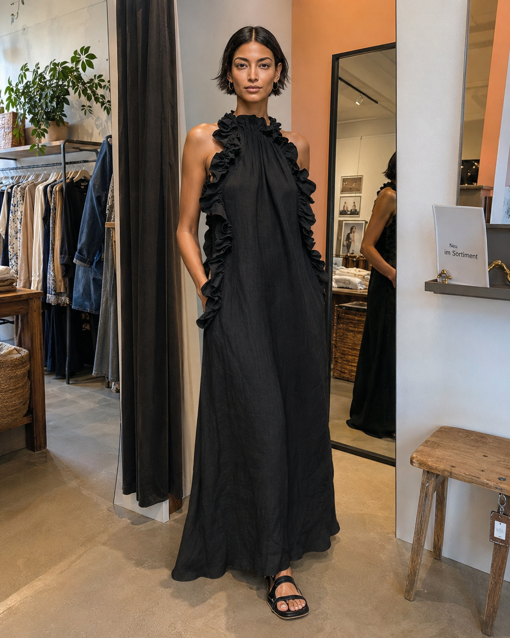 Hélène | Robe longue en lin sans manches à volants