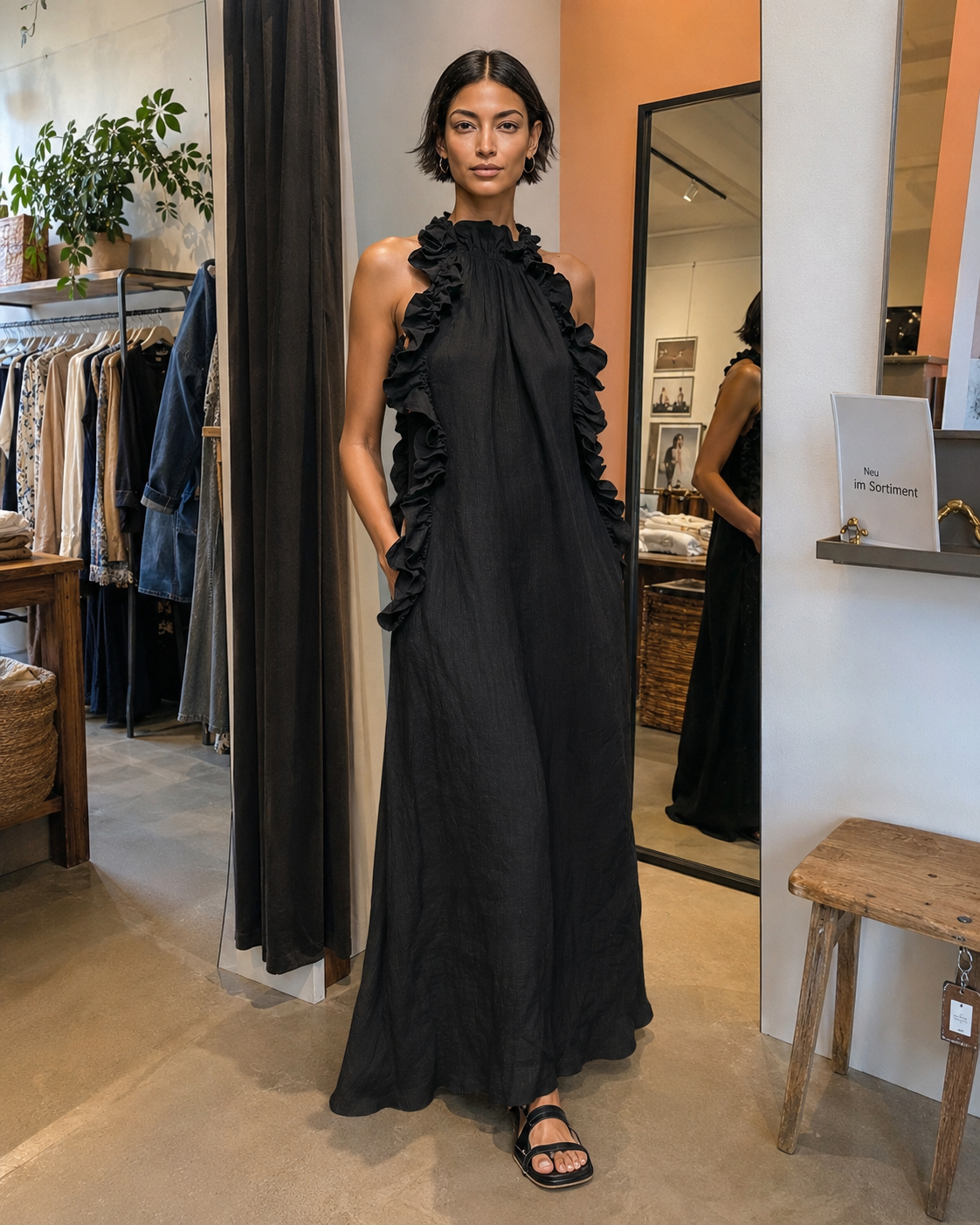 Hélène | Robe longue en lin sans manches à volants