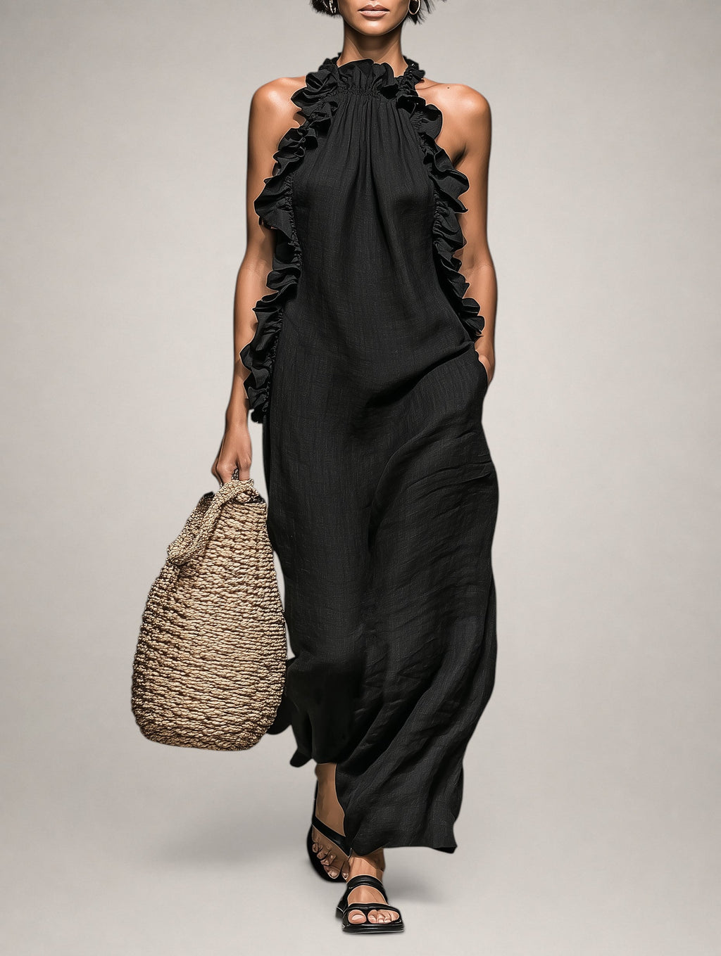 Hélène | Robe longue en lin sans manches à volants