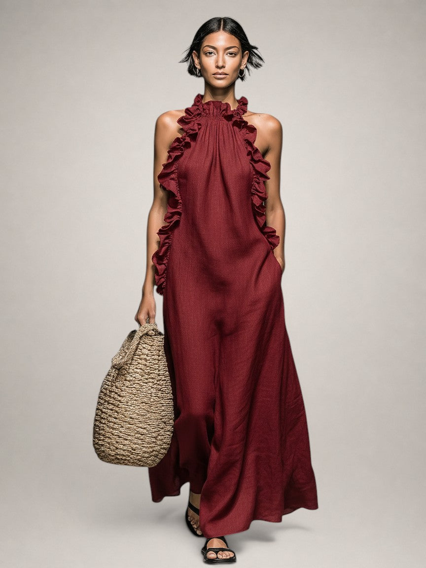 Hélène | Robe longue en lin sans manches à volants