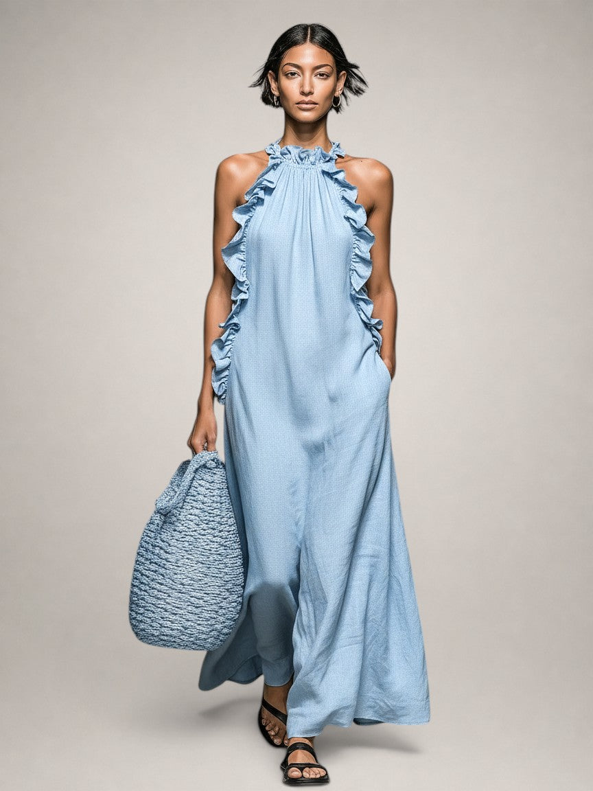 Hélène | Robe longue en lin sans manches à volants