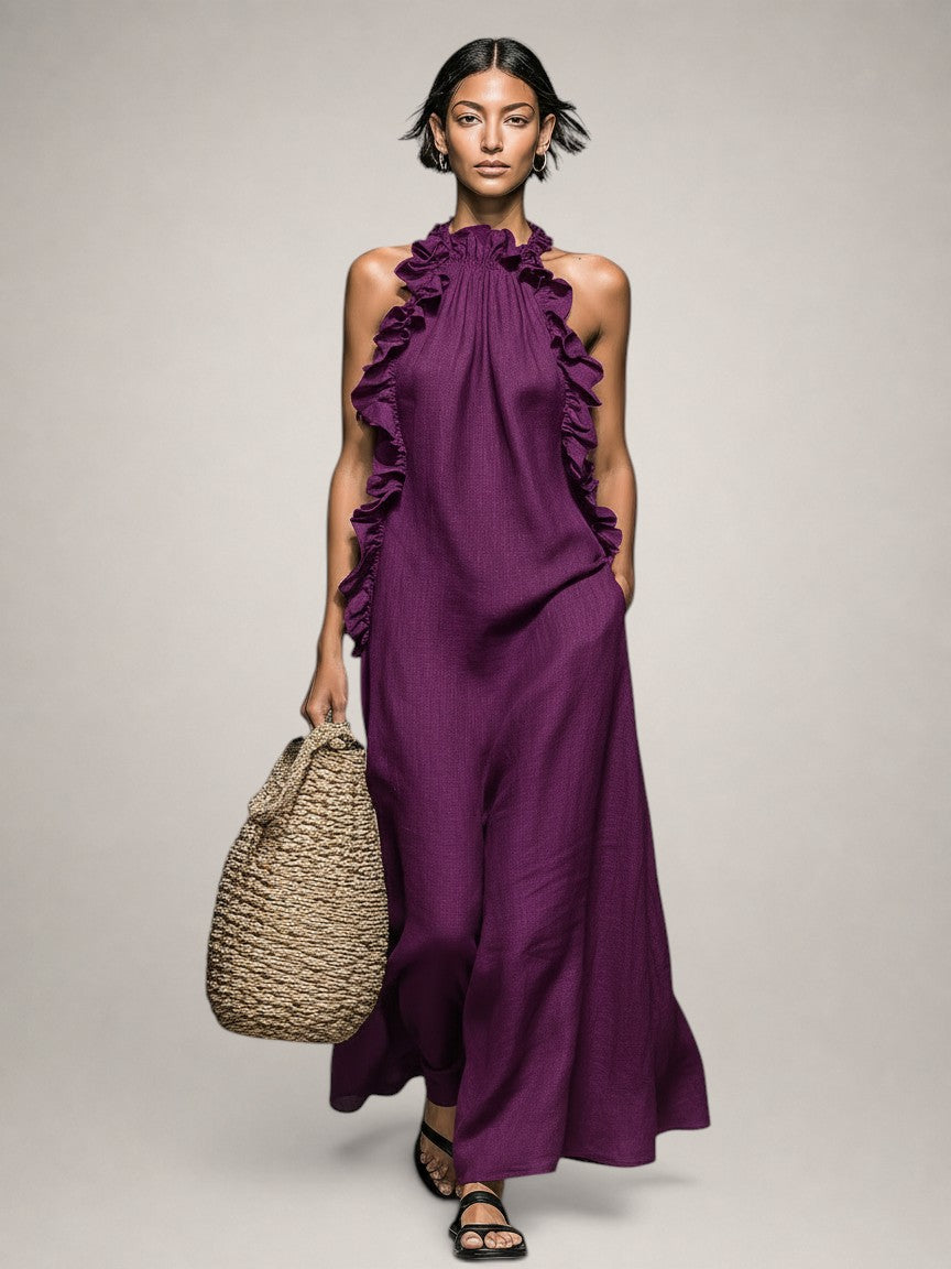 Hélène | Robe longue en lin sans manches à volants