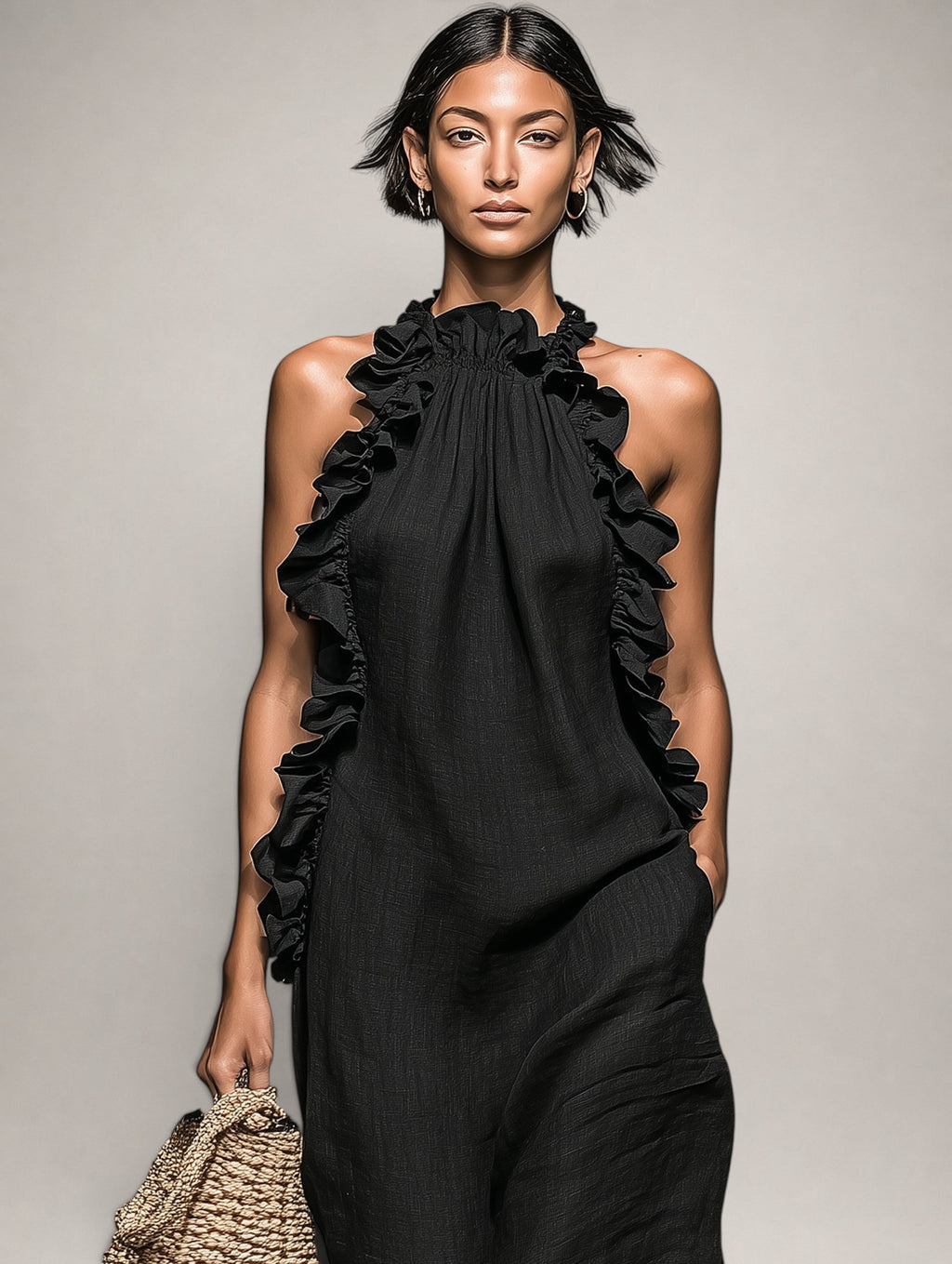 Hélène | Robe longue en lin sans manches à volants