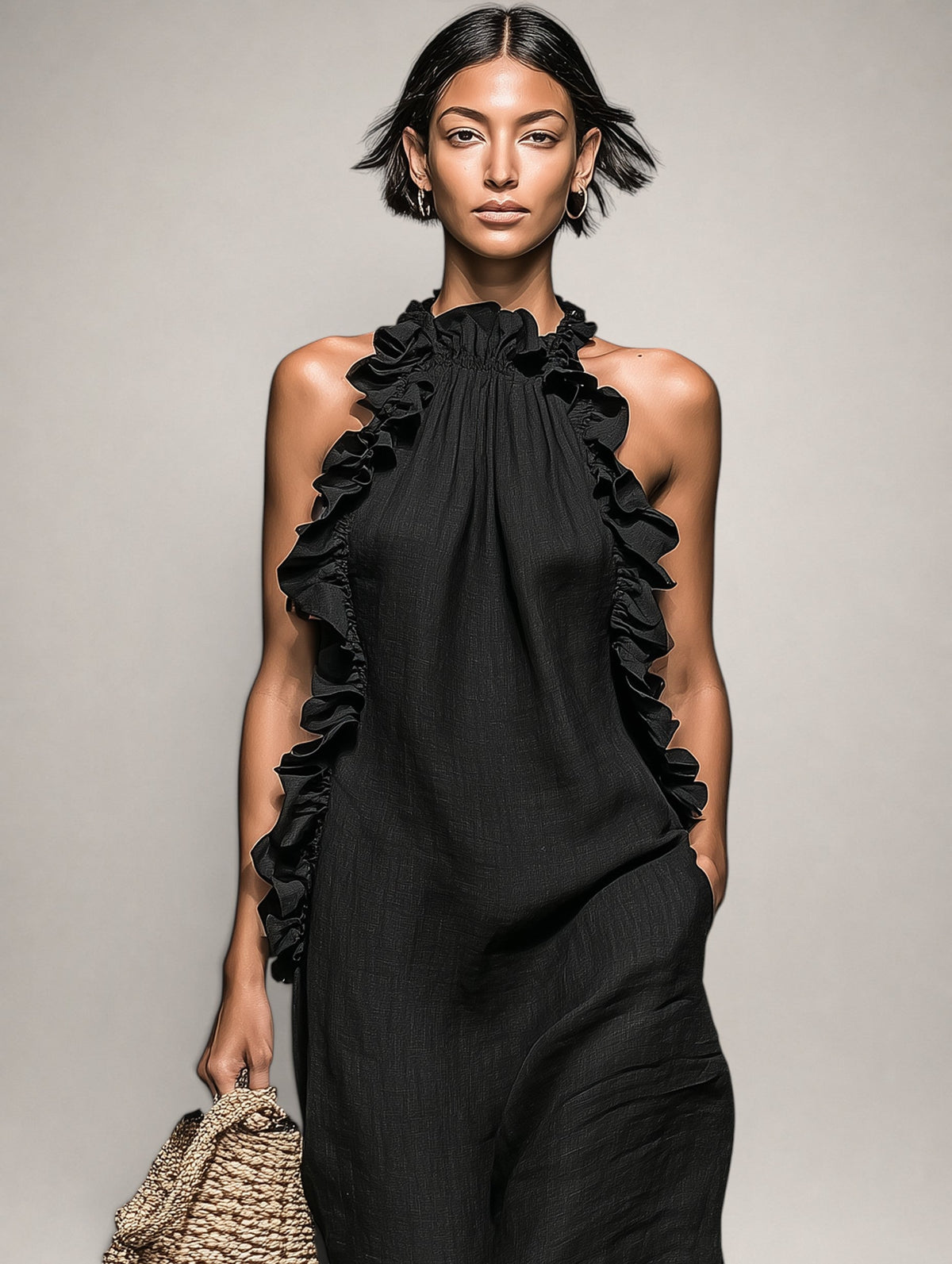 Hélène | Robe longue en lin sans manches à volants