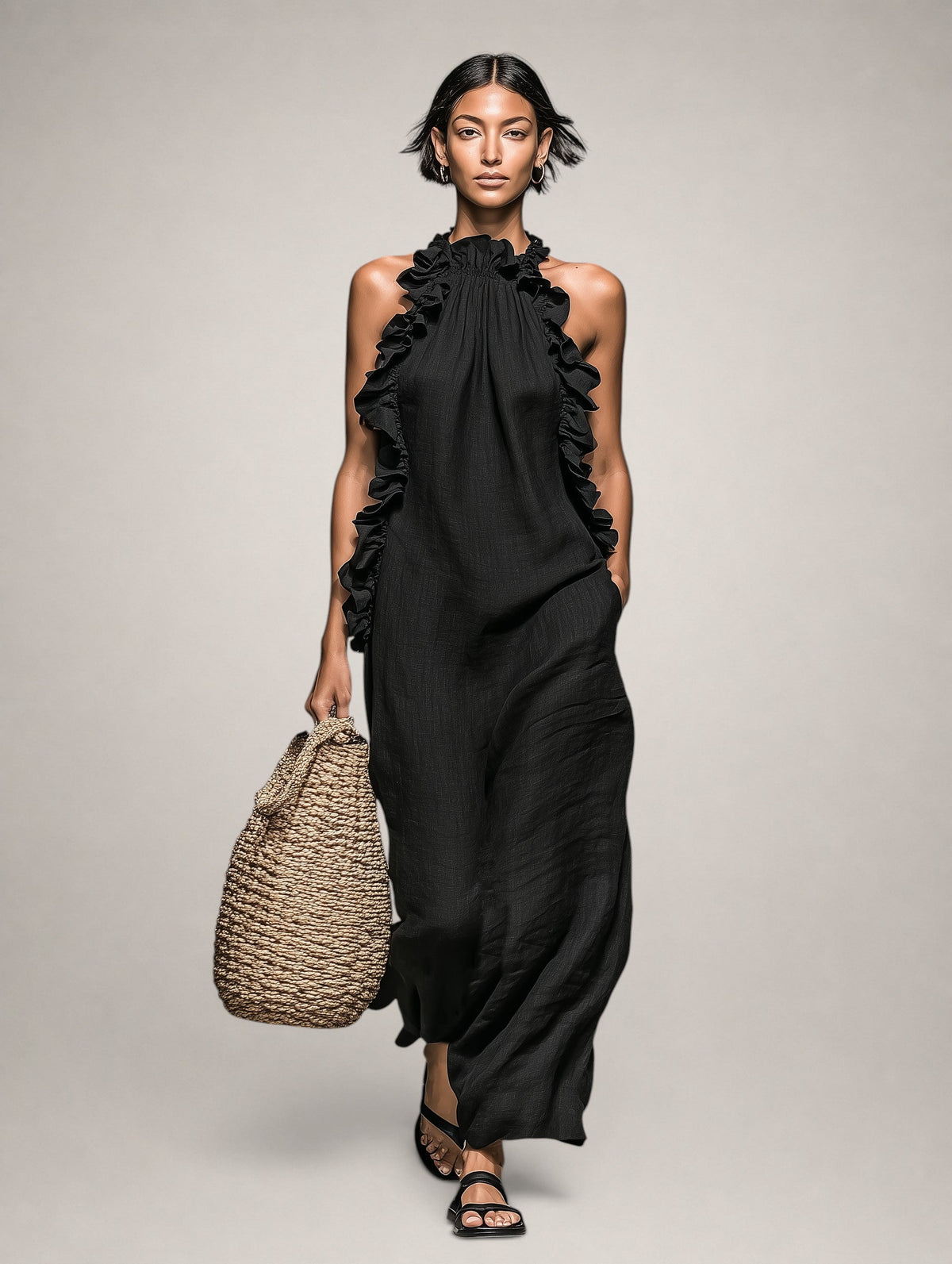 Hélène | Robe longue en lin sans manches à volants