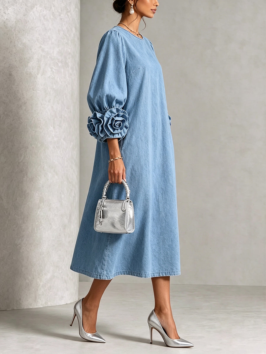Nathalie | Robe midi en chambray à rosettes