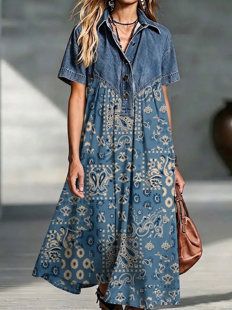 Solange | Robe midi paisley et denim