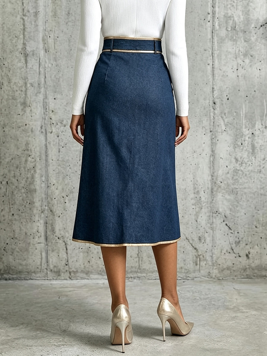 Ismérie | Jupe midi en jean à bordures dorées