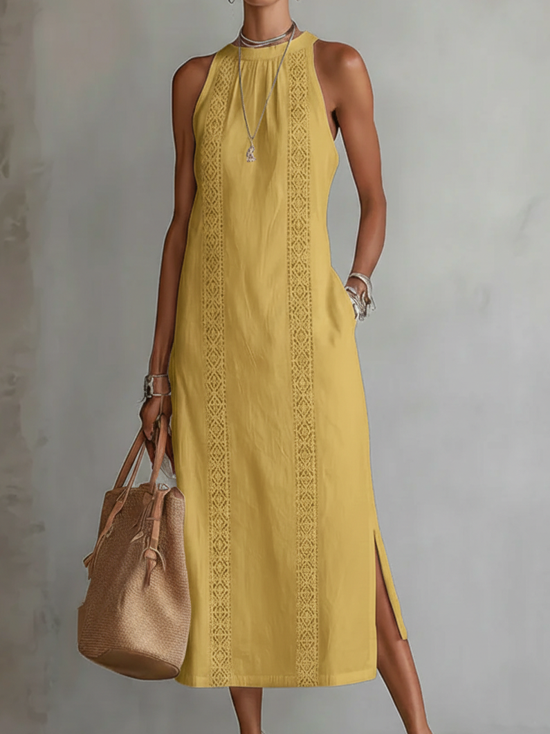Tatiana | Robe midi en lin à col mao