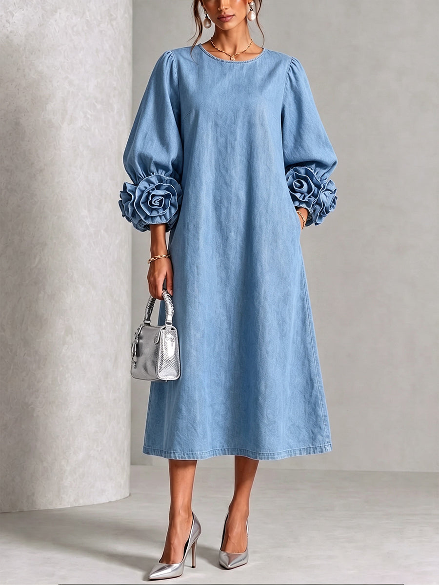 Nathalie | Robe midi en chambray à rosettes