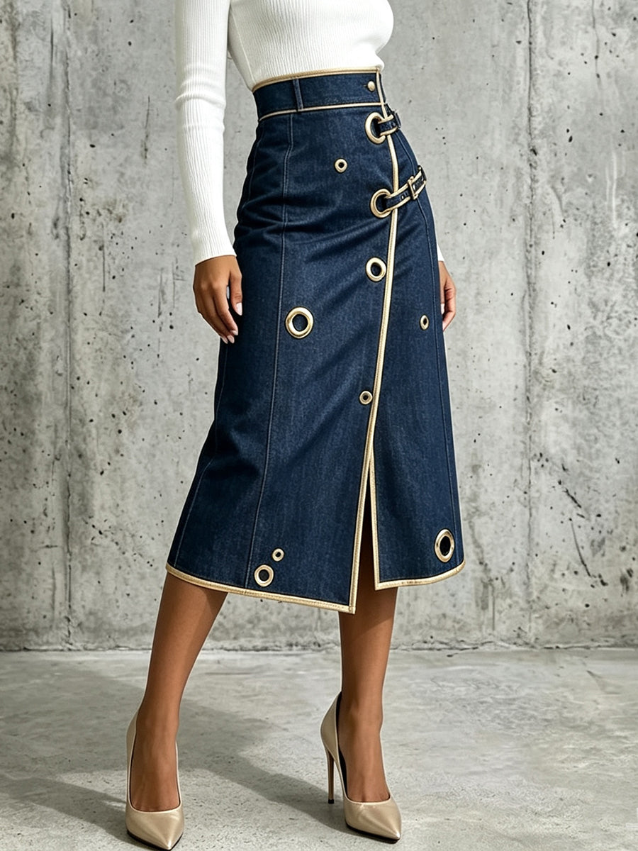 Ismérie | Jupe midi en jean à bordures dorées