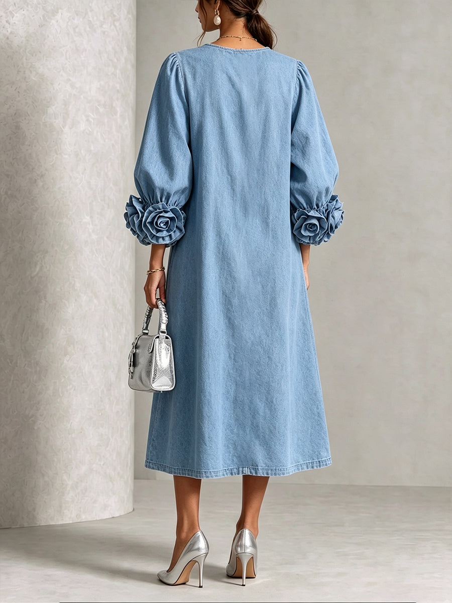 Nathalie | Robe midi en chambray à rosettes